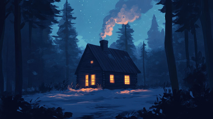 夜晚森林中的小屋正在冒着烟 夜晚森林中的小屋正在冒着烟