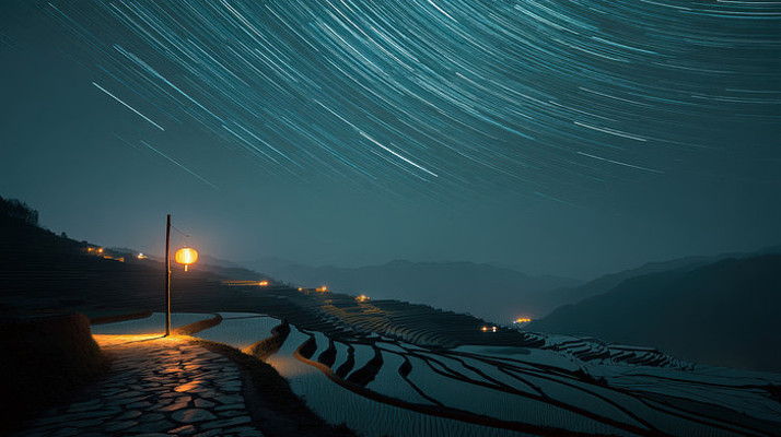 夜晚梯田星空与灯笼景象 夜晚梯田星空与灯笼景象