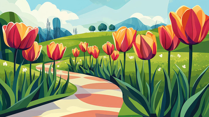 郁金香盛开的田园小路 郁金香盛开的田园小路