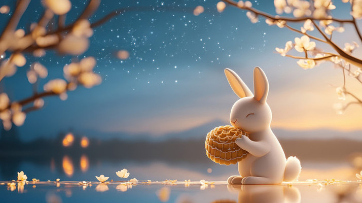 玉兔怀抱着月饼中秋节插图