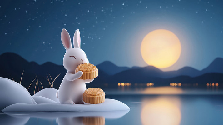 玉兔怀抱着月饼中秋节插图