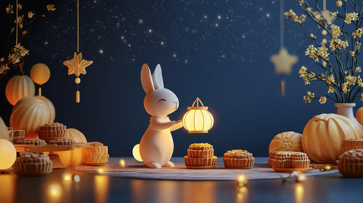 玉兔怀抱着月饼中秋节插图