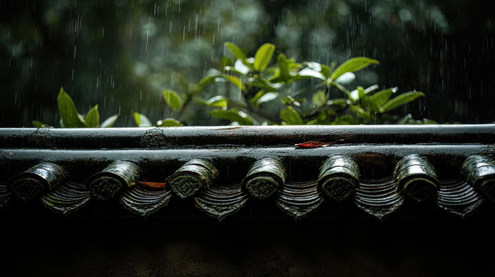 雨中瓦片与红叶景观 雨中瓦片与红叶景观