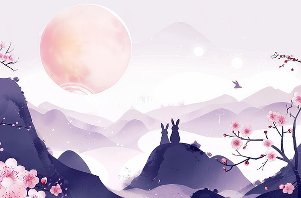 中国风中秋节插图坐在山上仰望月光的兔子