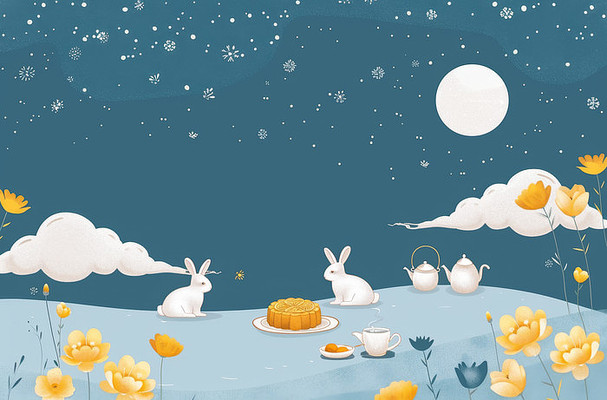 中秋插图月光下吃月饼的兔子