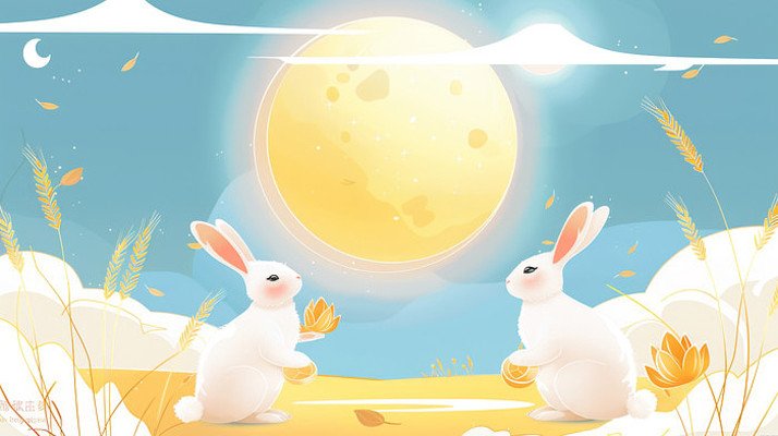 中秋插图月光下吃月饼的兔子