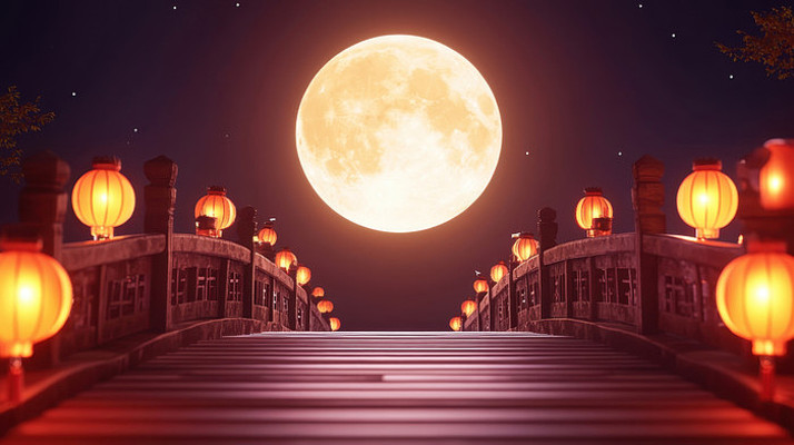 中秋节插图月光下的古桥梁 中秋节插图月光下的古桥梁