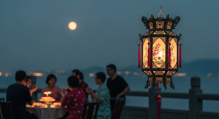 中秋节月夜下户外聚餐场景 中秋节月夜下户外聚餐场景