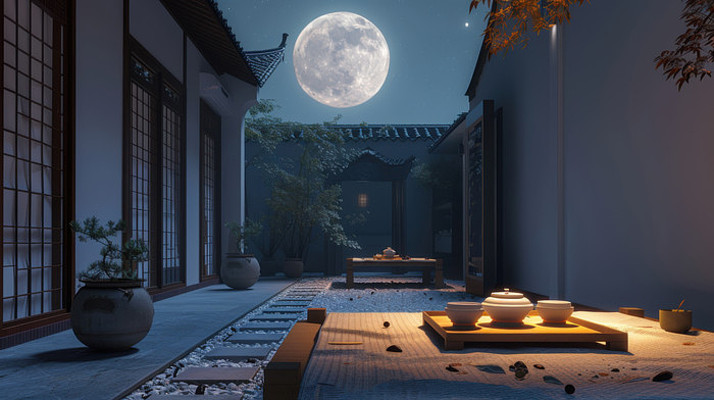 中秋满月场景月光下的庭院