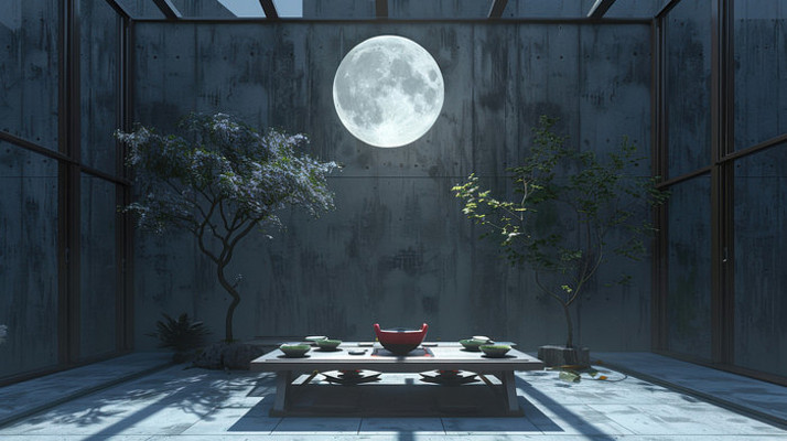 中秋满月场景月光下的庭院