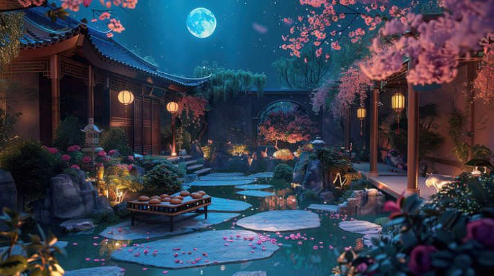 中秋满月场景月光下的庭院