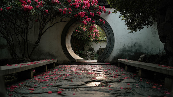 中式庭院圆门与落花景致 中式庭院圆门与落花景致