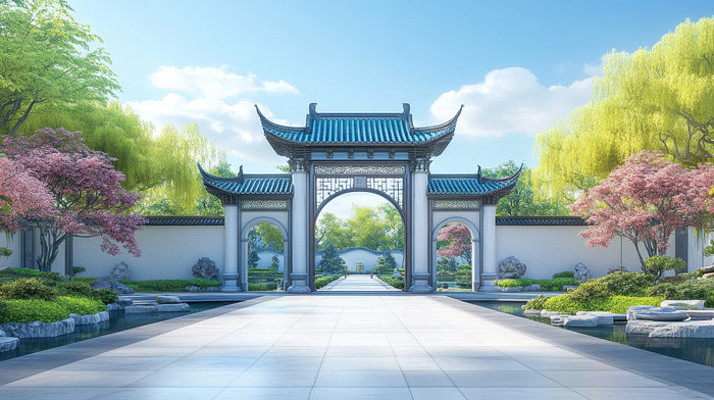 中式园林的大门前景色 中式园林的大门前景色