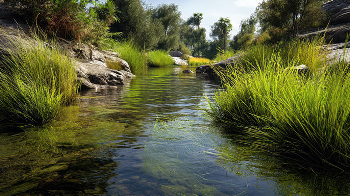 自然溪流边的绿植与岩石景观 自然溪流边的绿植与岩石景观