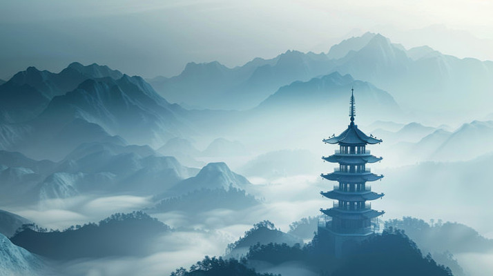 座落在云雾缭绕的大山中的中式古楼 座落在云雾缭绕的大山中的中式古楼