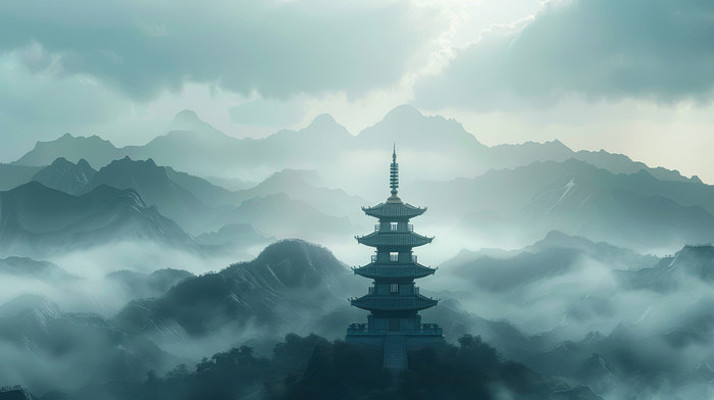 座落在云雾缭绕的大山中的中式古楼 座落在云雾缭绕的大山中的中式古楼