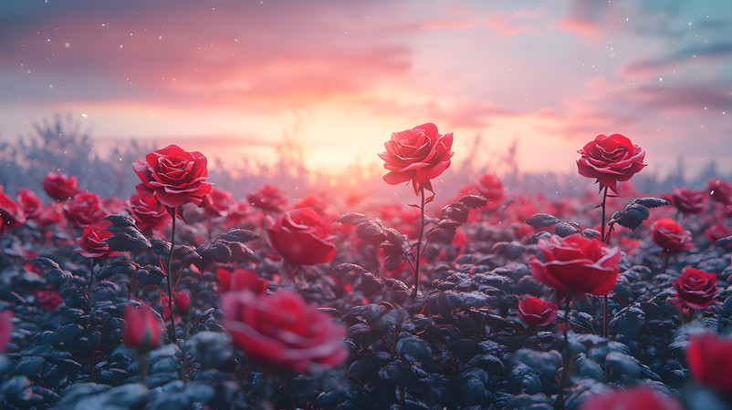 橘红色夕阳霞光红色玫瑰花花田 橘红色夕阳霞光红色玫瑰花花田