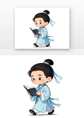 小书生边走路边持书诵读校园文化卡通学