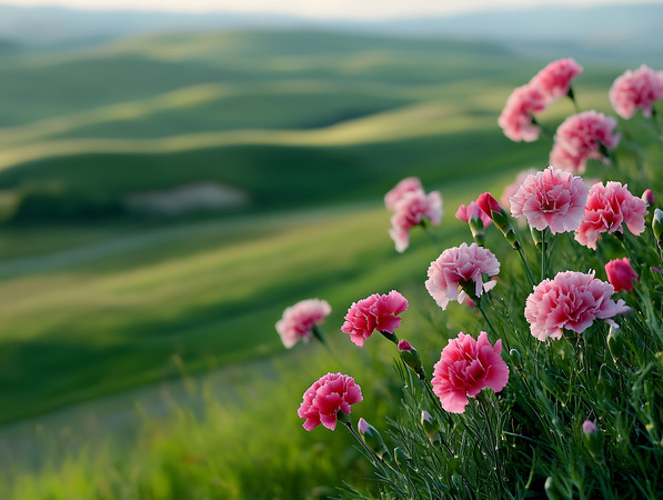 草原上粉色康乃馨花丛花卉图片 草原上粉色康乃馨花丛花卉图片