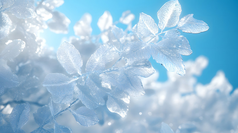 特写结霜的透明树叶树枝风景图片 特写结霜的透明树叶树枝风景图片