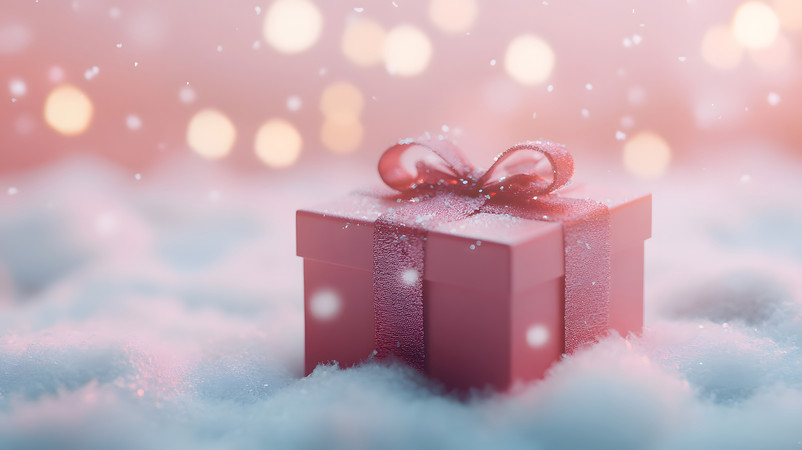 一个红色礼物在白雪覆盖的雪地上图片 一个红色礼物在白雪覆盖的雪地上图片