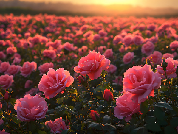 傍晚黄昏夕阳下红色玫瑰花花田种植园图片 傍晚黄昏夕阳下红色玫瑰花花田种植园图片