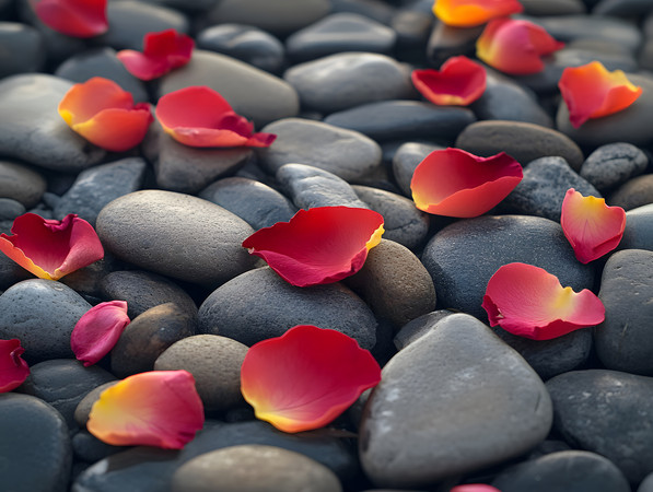 红色玫瑰花花瓣掉落在鹅卵石上花卉图片 红色玫瑰花花瓣掉落在鹅卵石上花卉图片
