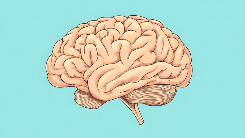 手绘卡通一个大脑脑部脑结构模型蓝色背景 手绘卡通一个大脑脑部脑结构模型蓝色背景