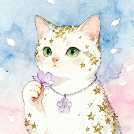 持花白猫主题的水彩画