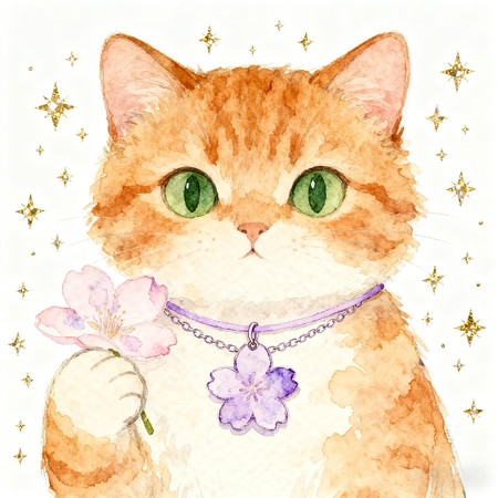 持花橘猫主题的水彩画