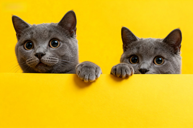 两只灰猫探出身子背景为亮黄色 两只灰猫探出身子背景为亮黄色