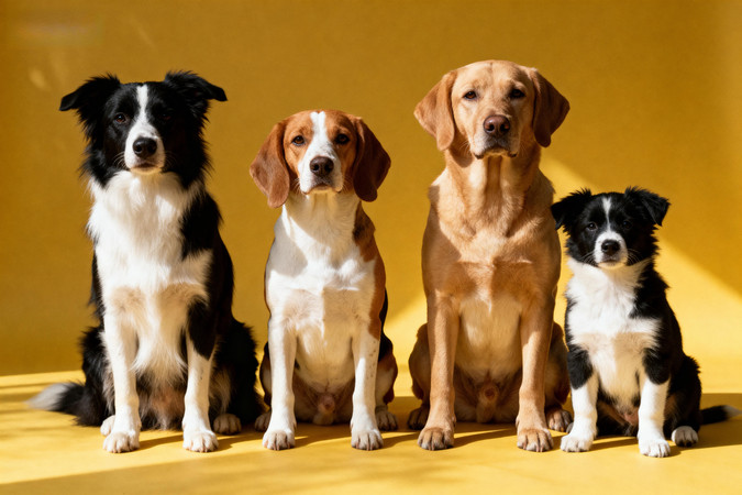 四只狗在黄色背景前的合影