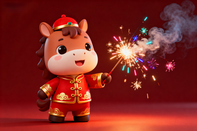小马玩偶持烟花棒红衣喜庆迎新年 小马玩偶持烟花棒红衣喜庆迎新年