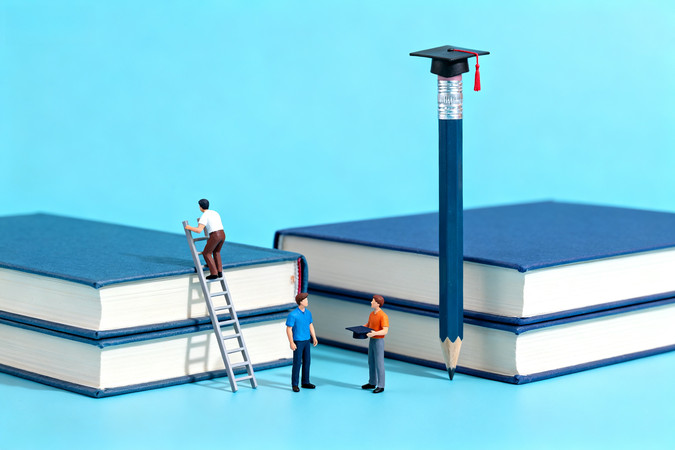 小人攀书梯旁有毕业帽铅笔背景蓝 小人攀书梯旁有毕业帽铅笔背景蓝