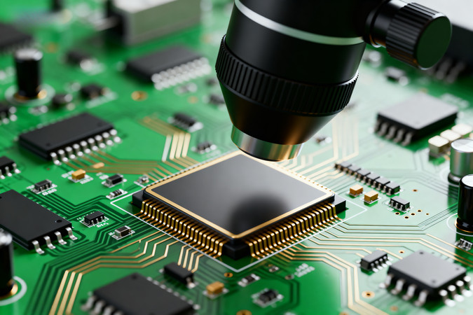 显微镜下的绿色电路板芯片 显微镜下的绿色电路板芯片