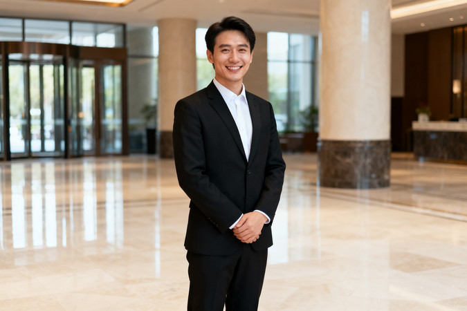 商务人士在明亮大厅中微笑站立 商务人士在明亮大厅中微笑站立