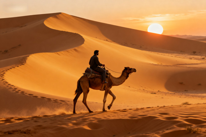 沙漠落日下骑骆驼的旅人 沙漠落日下骑骆驼的旅人
