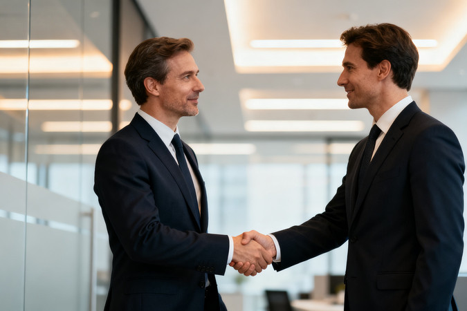 商务场合两位西装男士握手致意 商务场合两位西装男士握手致意