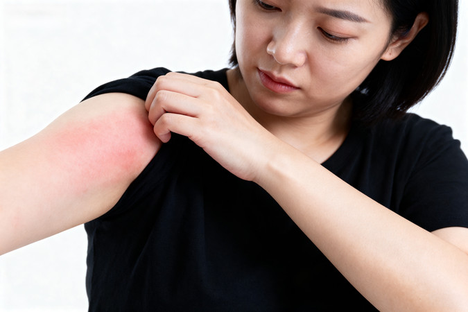 女子挠手臂皮肤泛红疑似过敏 女子挠手臂皮肤泛红疑似过敏