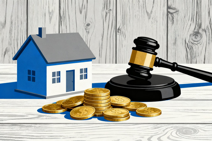 法槌旁的房屋与金币象征法律与房产交易 法槌旁的房屋与金币象征法律与房产交易