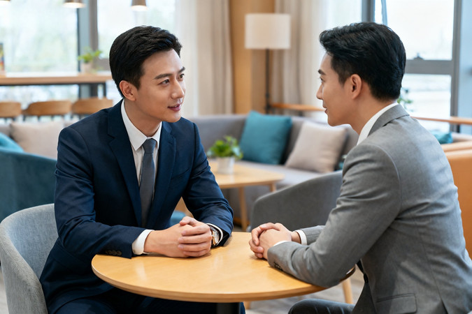 两位男士商务会谈西装正装交流场景 两位男士商务会谈西装正装交流场景
