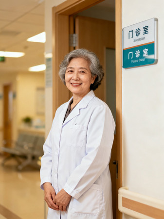 门诊室前微笑的老年女医生 门诊室前微笑的老年女医生