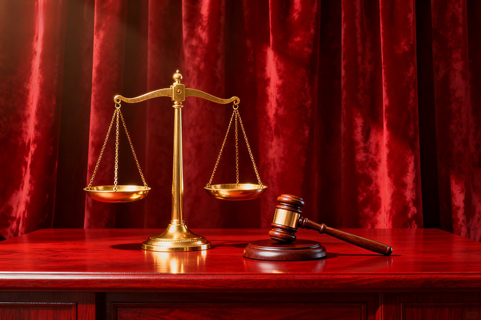 金色天平与木槌红色幕布背景 金色天平与木槌红色幕布背景