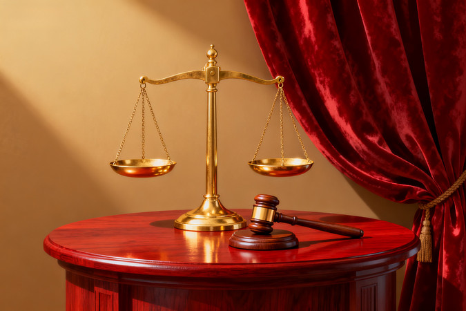 金色天平与木槌置于红桌旁有红绒帘 金色天平与木槌置于红桌旁有红绒帘