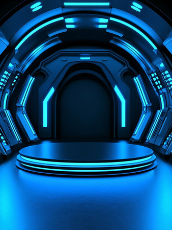 科幻风格蓝色调隧道与圆形平台 科幻风格蓝色调隧道与圆形平台