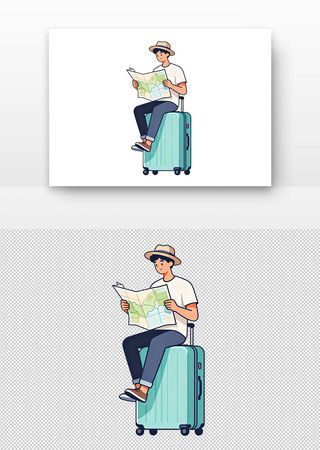 男子坐行李箱看地图插画 男子坐行李箱看地图插画