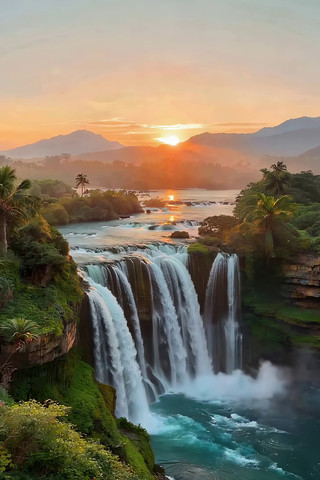 日落时分瀑布自然风光 日落时分瀑布自然风光