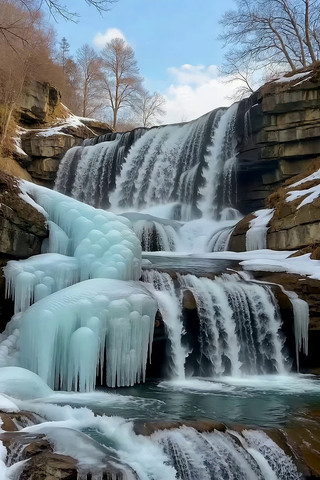 冬季冰雪覆盖的瀑布景观 冬季冰雪覆盖的瀑布景观