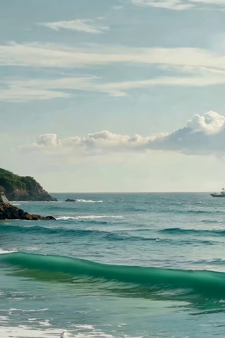 海边海浪与远处船只景观