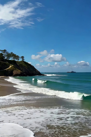 海边沙滩海浪与远处船只景观